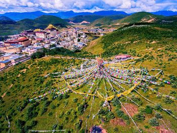 High angle view of stupa with prayer flags