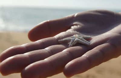 Close-up of hand with sea in background