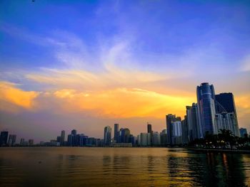 City at waterfront during sunset