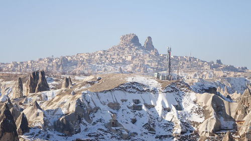 Aerial view of snowcapped mountains against clear sky