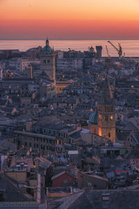 High angle view of townscape against sky during sunset