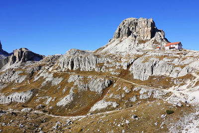 Scenic view of rocky mountains against clear blue sky