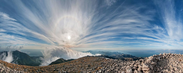 Panoramic view of landscape and mountains against sky