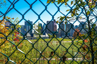 City through chainlink fence