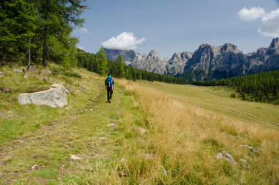 Rear view of man walking on mountain against sky