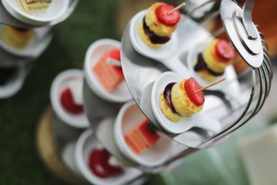 High angle view of dessert served on table