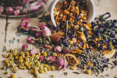 High angle view of spices on table