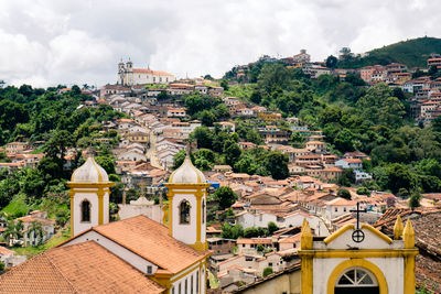 View over the rooftops and churches of the old gold mining town of ouro preto in brazil