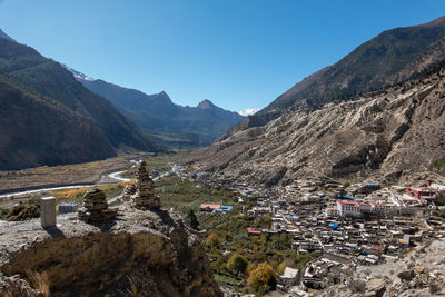 Panoramic view of buildings and mountains against clear sky