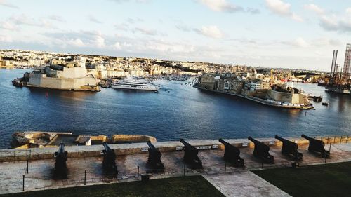 High angle view of city at waterfront