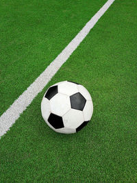 High angle view of soccer ball on field