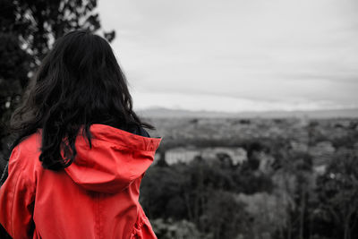 Rear view of woman looking at landscape against sky