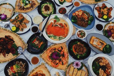 High angle view of meal served on table