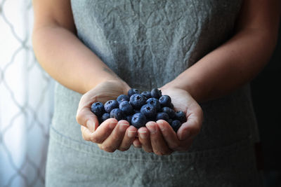 Midsection of woman holding blueberries 