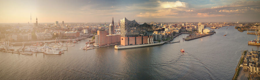 The hamburg skyline at a beautiful sunset