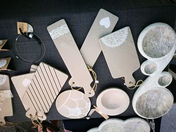 High angle view of objects on table