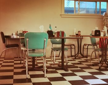 Empty chairs and tables in cafe