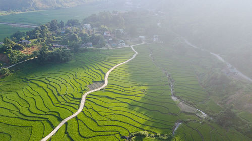 High angle view of agricultural field against sky