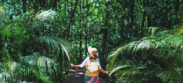 Rear view of woman standing against trees