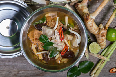 High angle view of soup in bowl on table