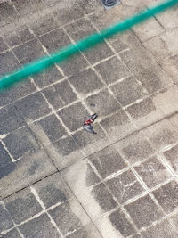 High angle view of man walking on street