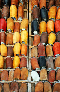 Full frame shot of shoes in rack for sale at market stall