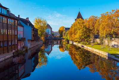 Reflection of trees and buildings in lake against sky