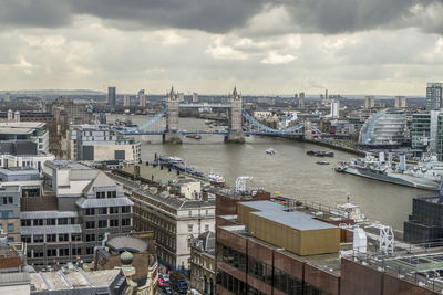 High angle view of river amidst buildings in city against sky