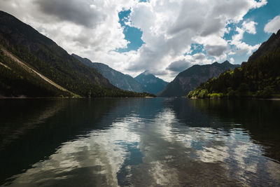 Scenic view of lake and mountains against sky