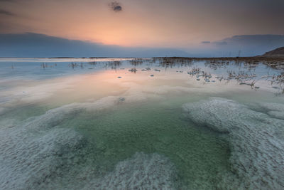 Scenic view of dead sea against sky during sunset