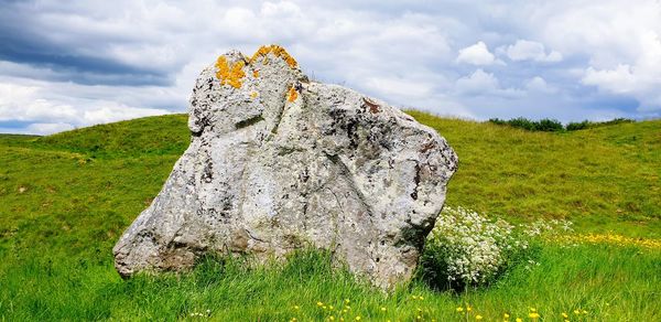 View of rock on field against sky