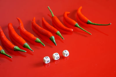 High angle view of red chili pepper on table