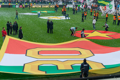 High angle view of putting fabric on ground