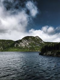 Scenic view of lake and mountains against sky