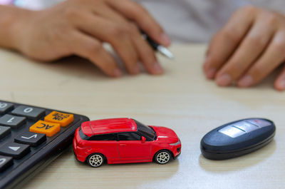 Close-up of toy car on table