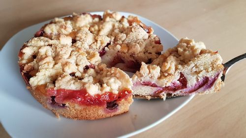 Close-up of homemade seasonal plum cake ready to eat