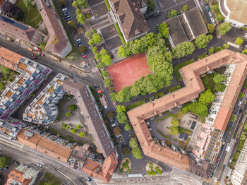 High angle view of street amidst buildings in city