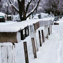 Wooden posts on snow covered field