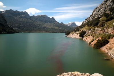 Scenic view of lake and mountains against sky