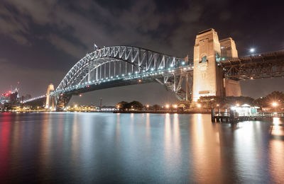 Sydney harbour bridge at night. long exposure. flowing sky and reflection on water. australia