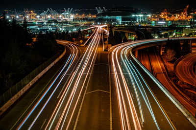 High angle view of light trails on city street