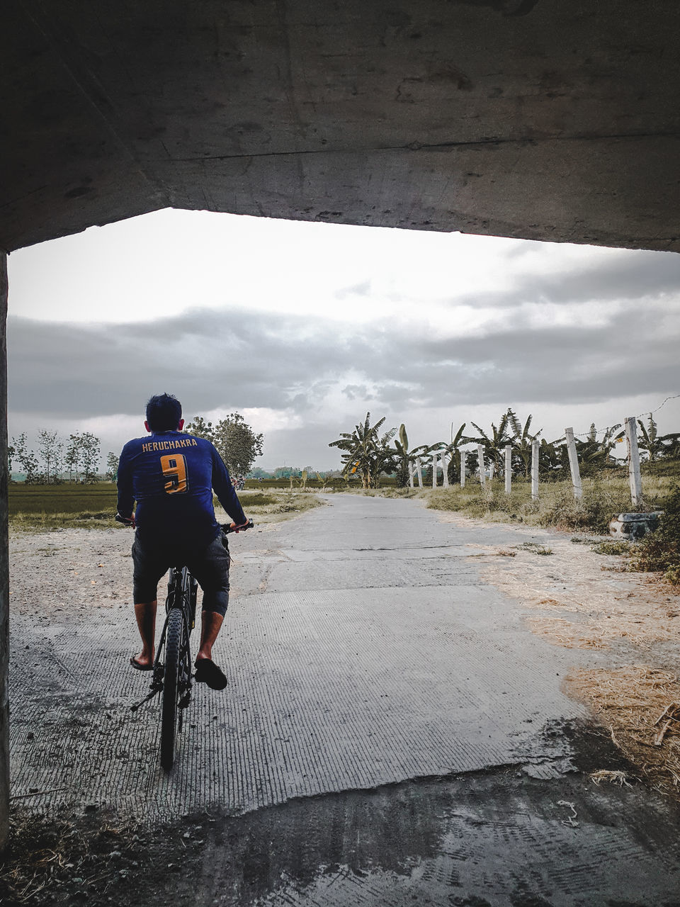 REAR VIEW OF MAN RIDING BICYCLE ON CLOUDY SKY