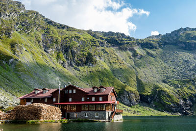 Scenic view of lake and mountains against sky