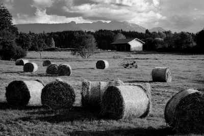 Hay bales on field against sky