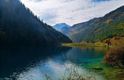 Scenic view of lake by mountains against sky