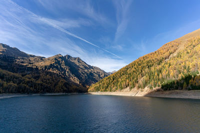 Scenic view of lake by mountains against sky