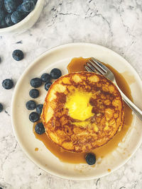 High angle view of breakfast served on table