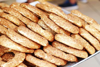 Close-up of bread on stack