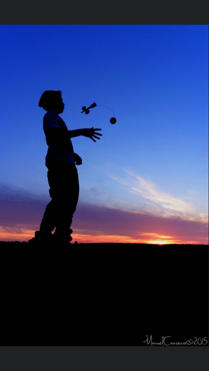 silhouette, transfer print, sky, sunset, copy space, blue, men, auto post production filter, lifestyles, leisure activity, standing, full length, clear sky, animal themes, nature, low angle view, landscape, dusk