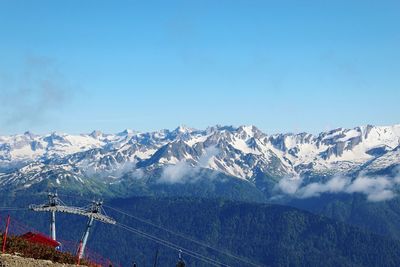 Snowcapped mountains against clear blue sky